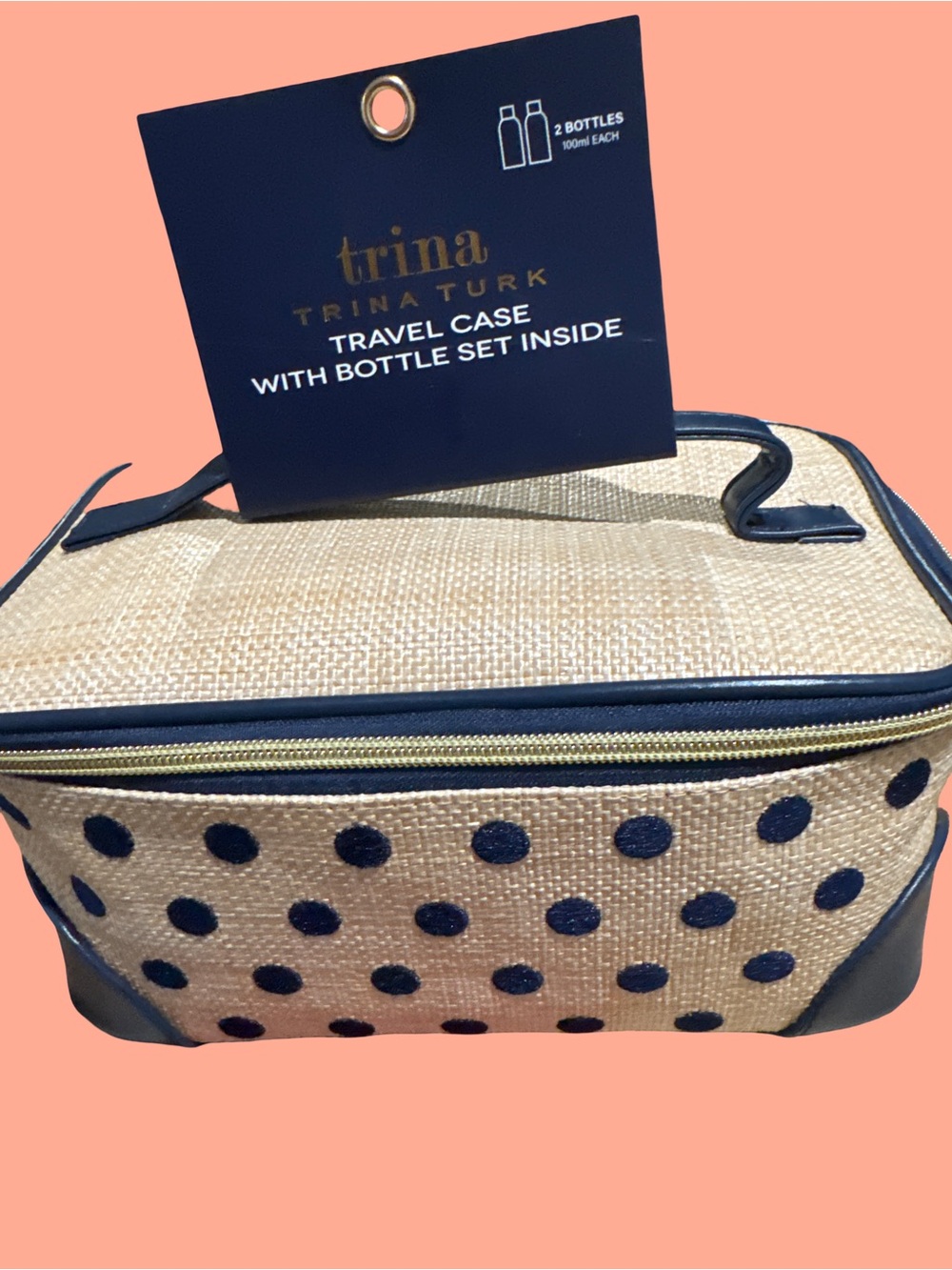 Navy Polka Dot Straw Travel Cosmetic Case